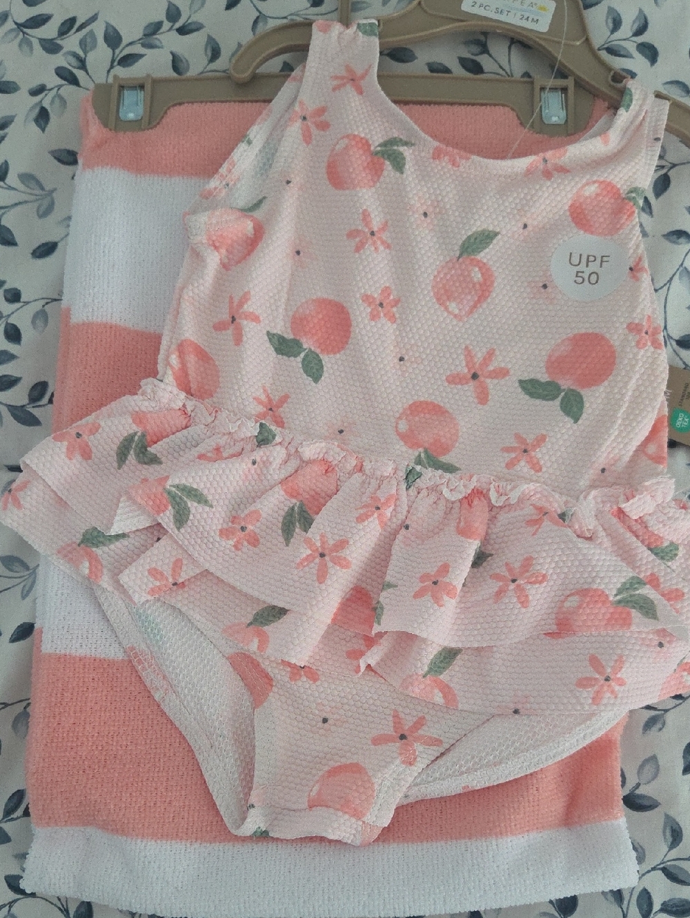 Peach Print Ruffled One-Piece Swimsuit + Matching Towel